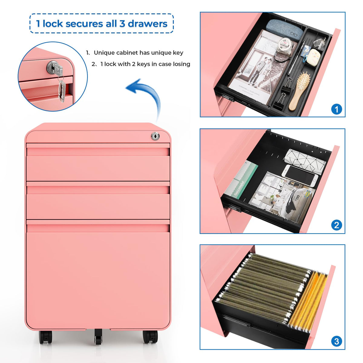 3 Drawer Metal Rolling File Cabinet H50870