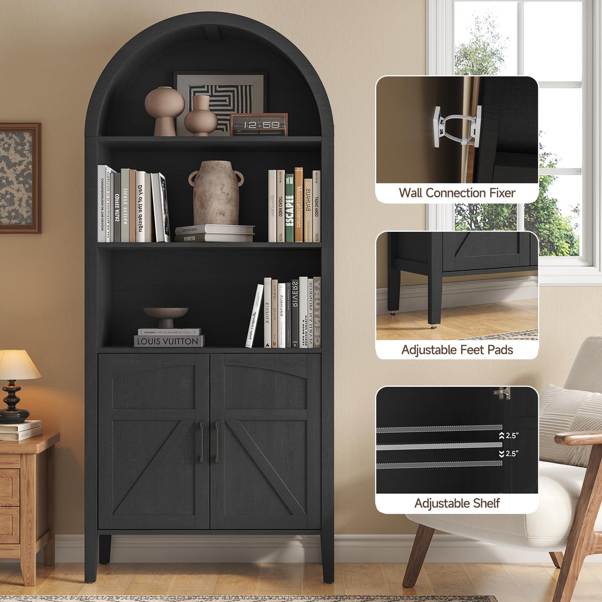 Black 5-Tier Arched Bookshelf with Door P948243