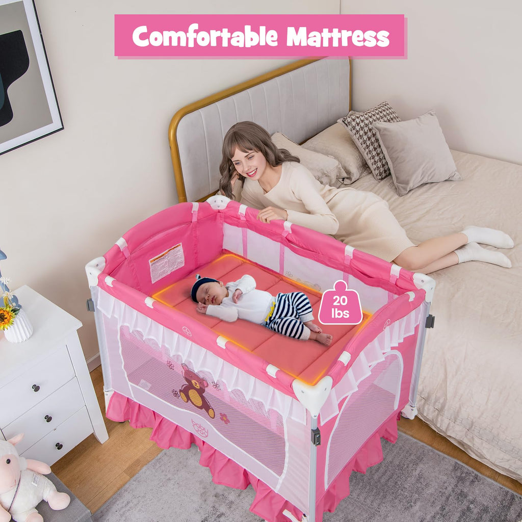 4 in 1 Pack and Play with Canopy, Portable Playard with Bassinet H2114