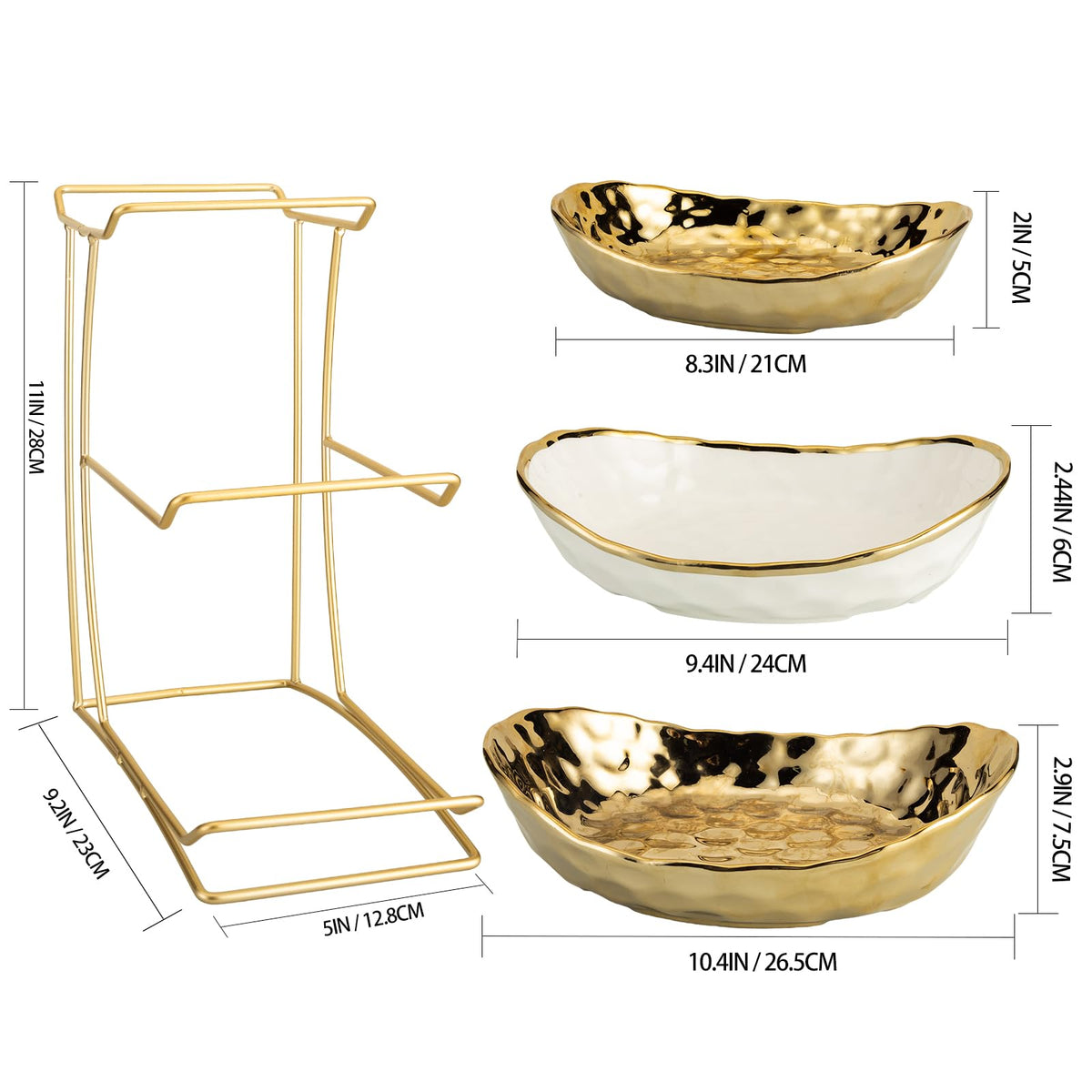3-Tier Gold Fruit Bowl & Tray with Metal Stand Q8197