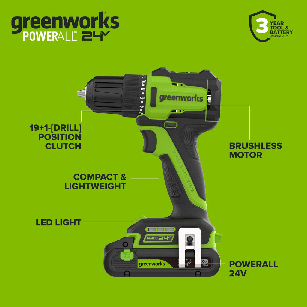 24V Cordless Brushless 3/8" Drill/Driver with 2.0Ah Battery and 10PC Titanium Drill Bit Set S846175