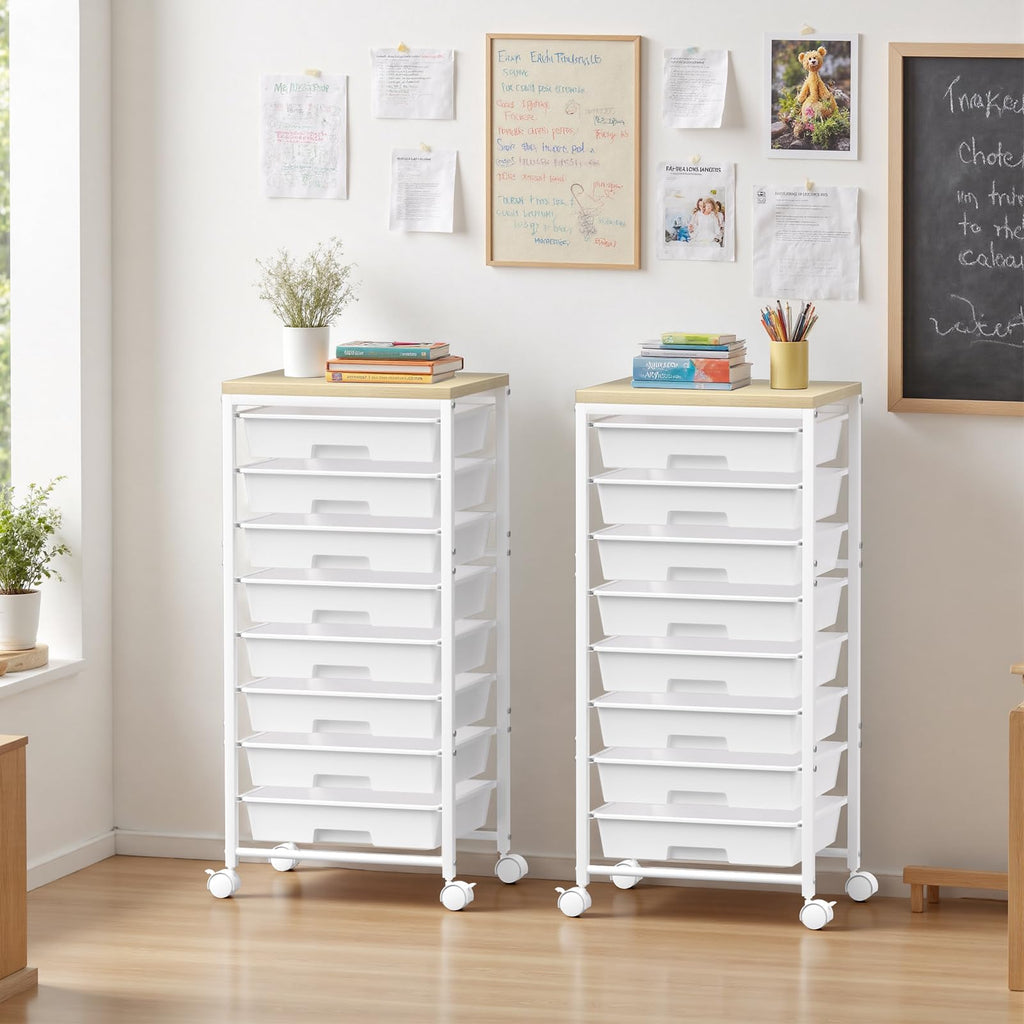 White 8 Drawer Rolling Storage Cart with Wooden Tabletop J977013