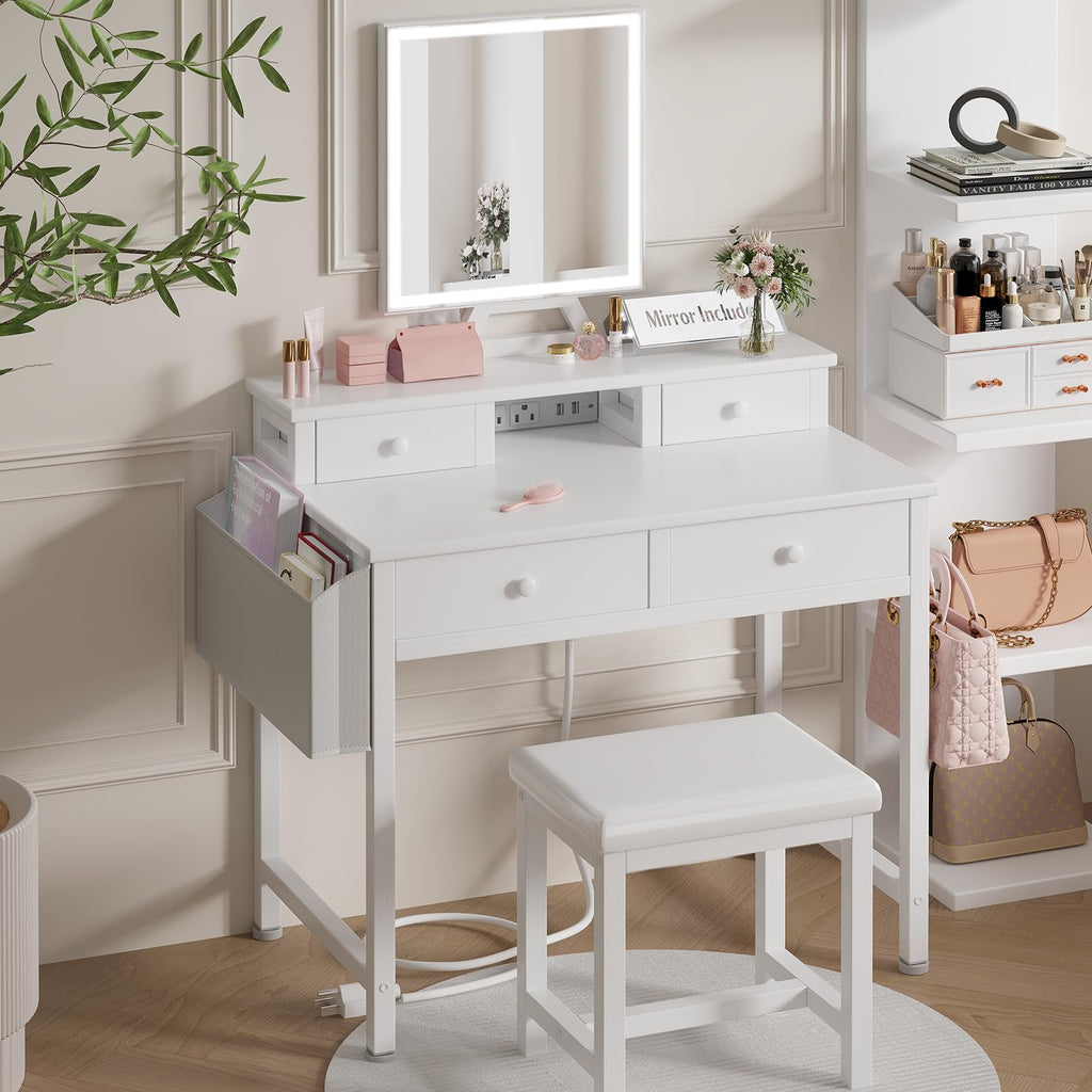 White Makeup Vanity Desk with Mirror and Lights, Chair and Drawers D583891
