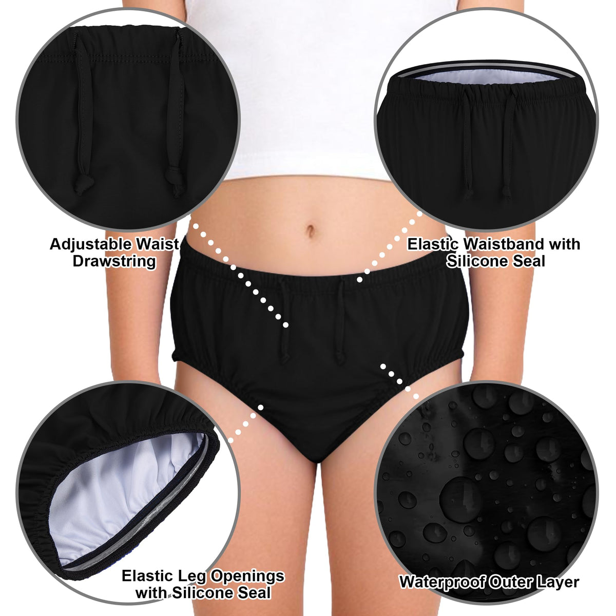 Reusable Waterproof Leakproof Swim Diaper Black 10-12Years U72878
