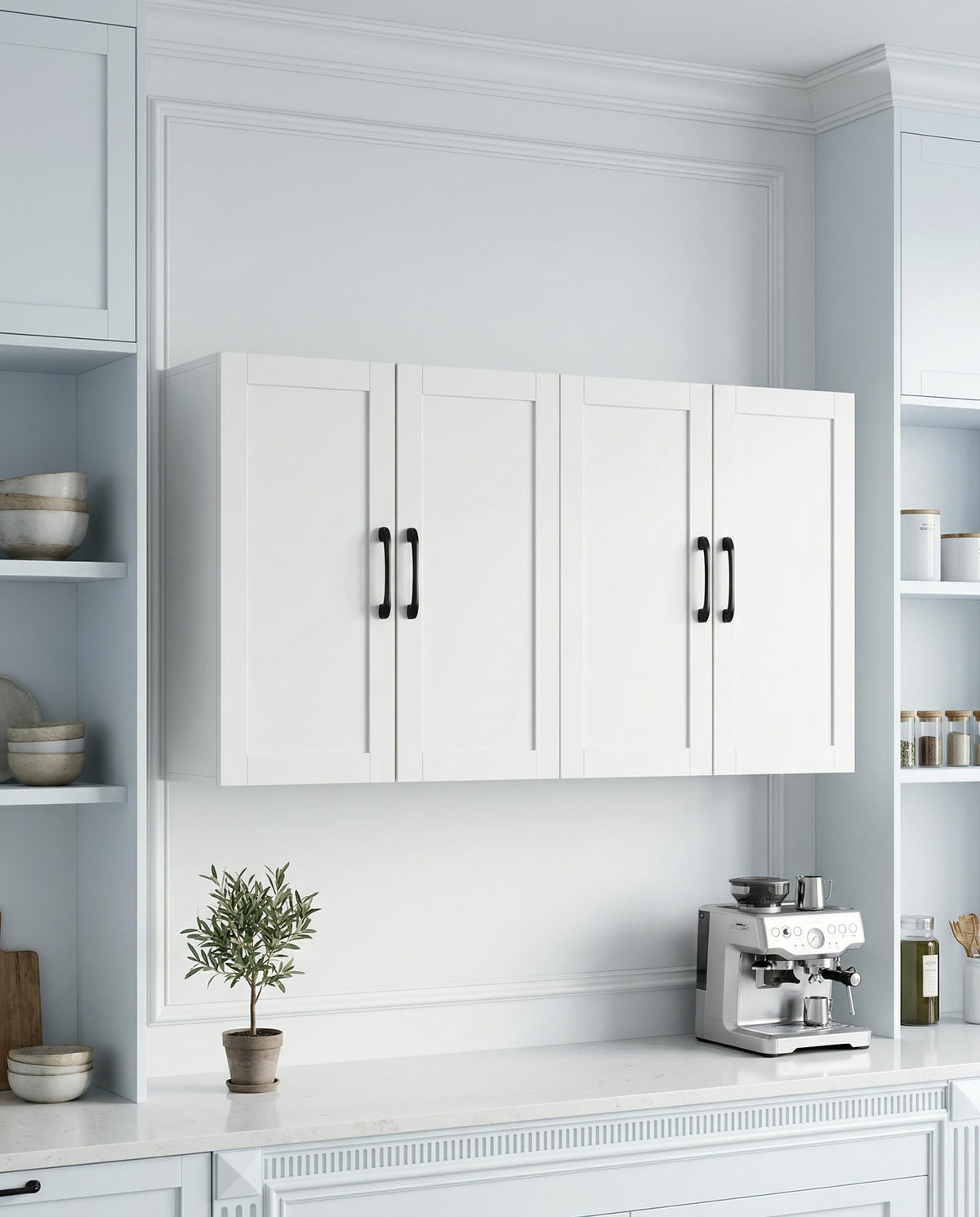 White Wall Cabinet with Adjustable Shelves and 4 Doors Y922