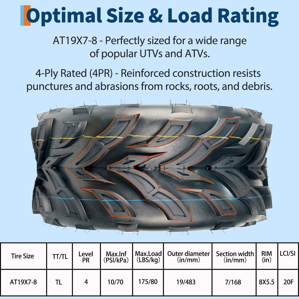 2 Pack 19x7-8 ATV Tires 4PR Tubeless All Terrain N180862