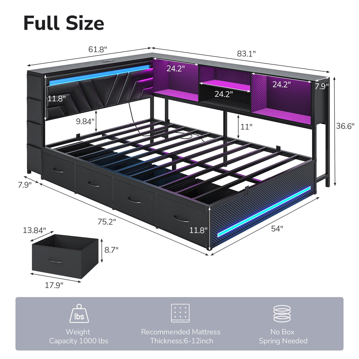 Corner Bed Frame with Storage Bookcase and 4 Drawers W20901