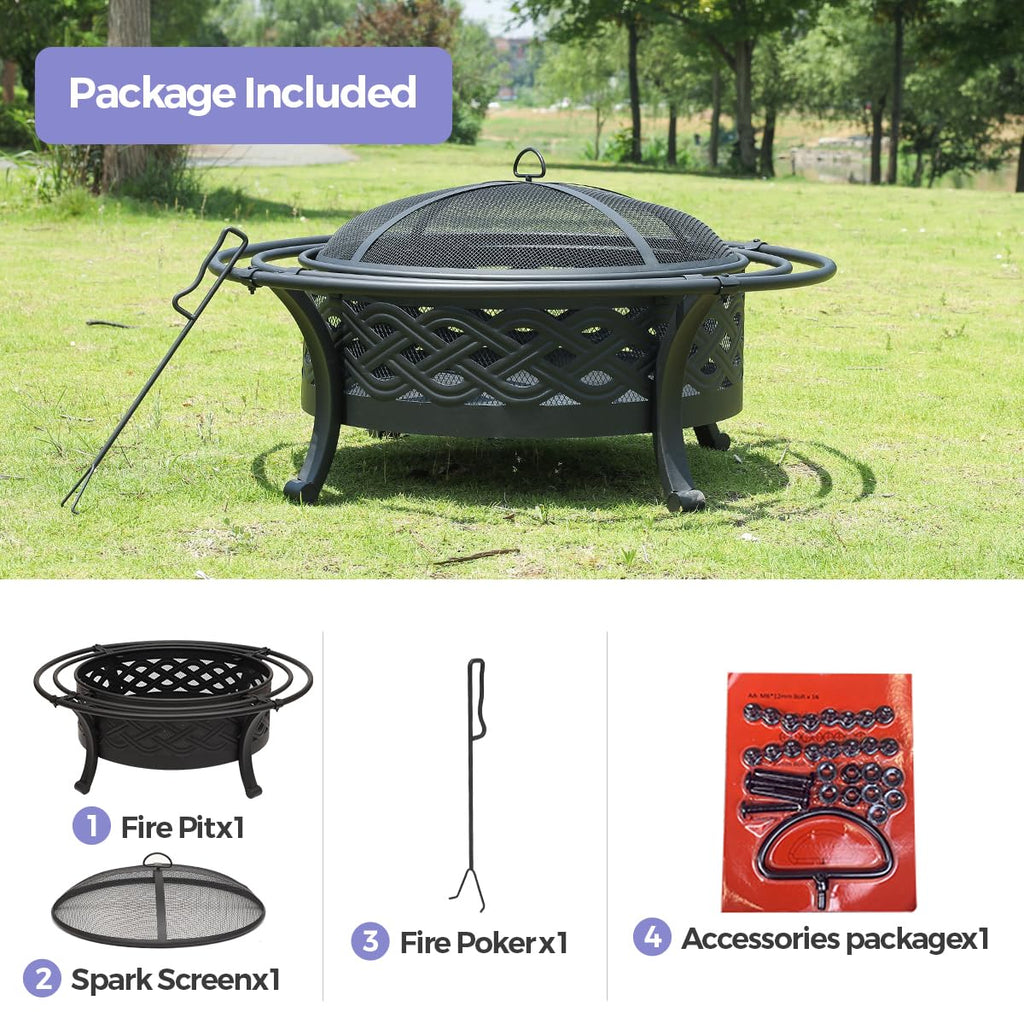 36 Inch Outdoor Fire Pit with Spark Screen Black A7050
