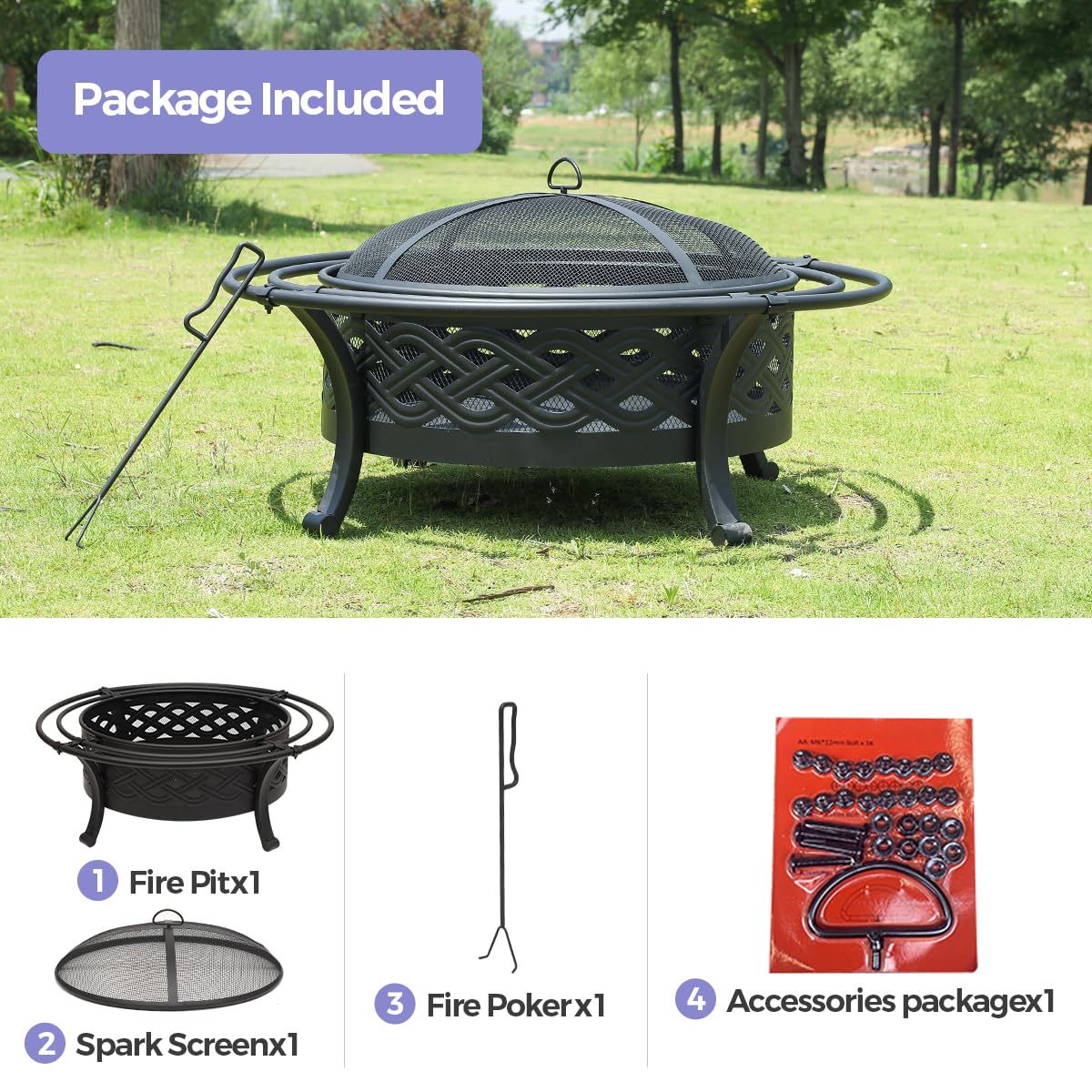 36 Inch Outdoor Fire Pit with Spark Screen Black A7050