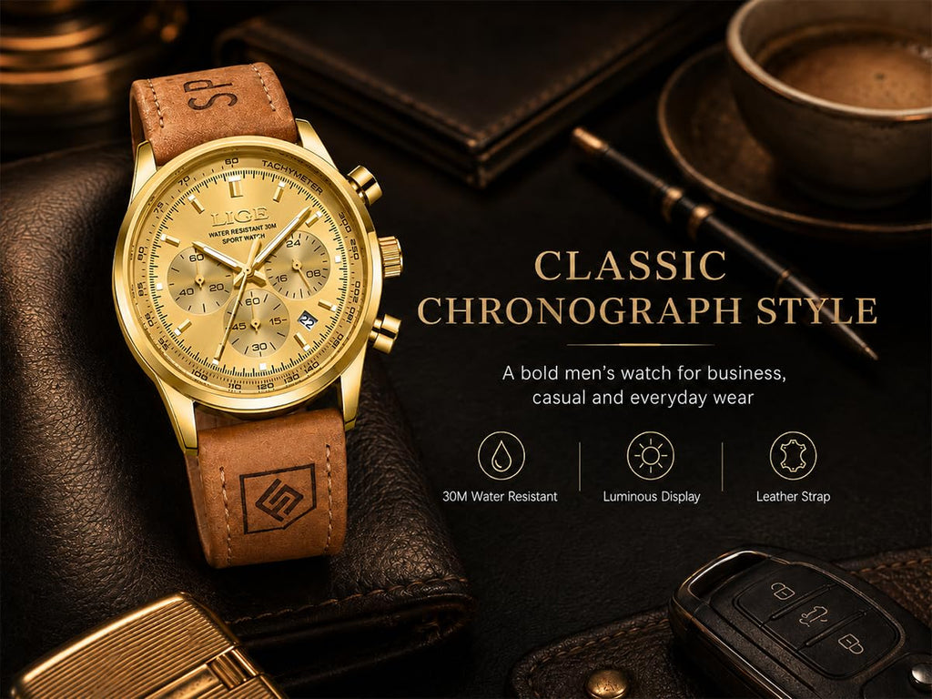 Gold-Tone Quartz Chronograph Watch Brown Leather Strap F5662
