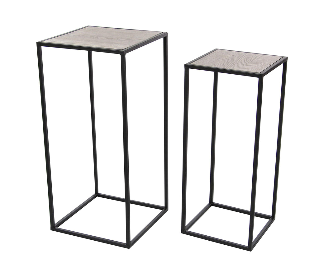 Black Metal End Table with Brown Wood Tops, Set of 2 W651819