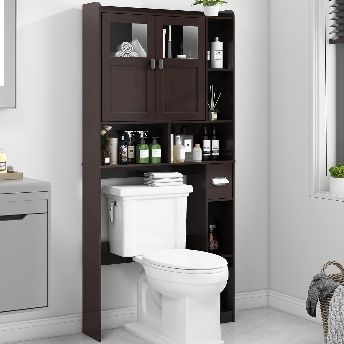 Over The Toilet Storage Cabinet with Doors and Shelves J9884