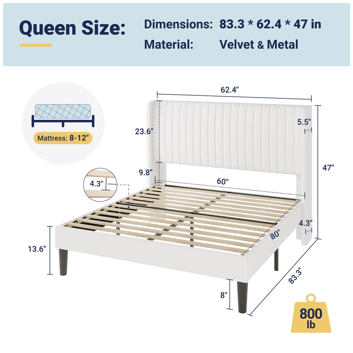 Queen Size White Velvet Upholstered Platform Bed Y85275