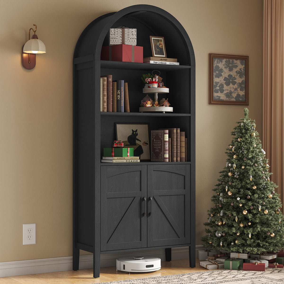 Black 5-Tier Arched Bookshelf with Door P948243