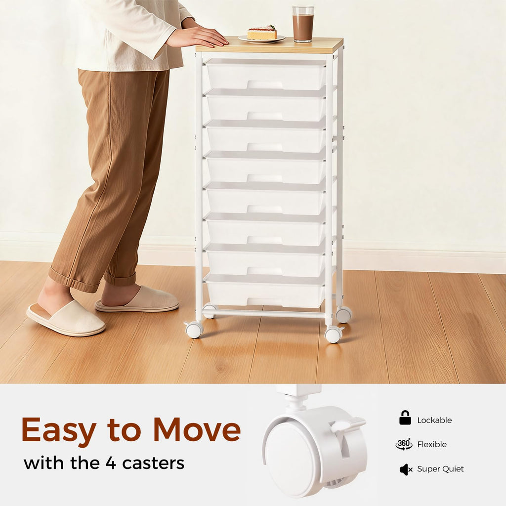 White 8 Drawer Rolling Storage Cart with Wooden Tabletop J977013