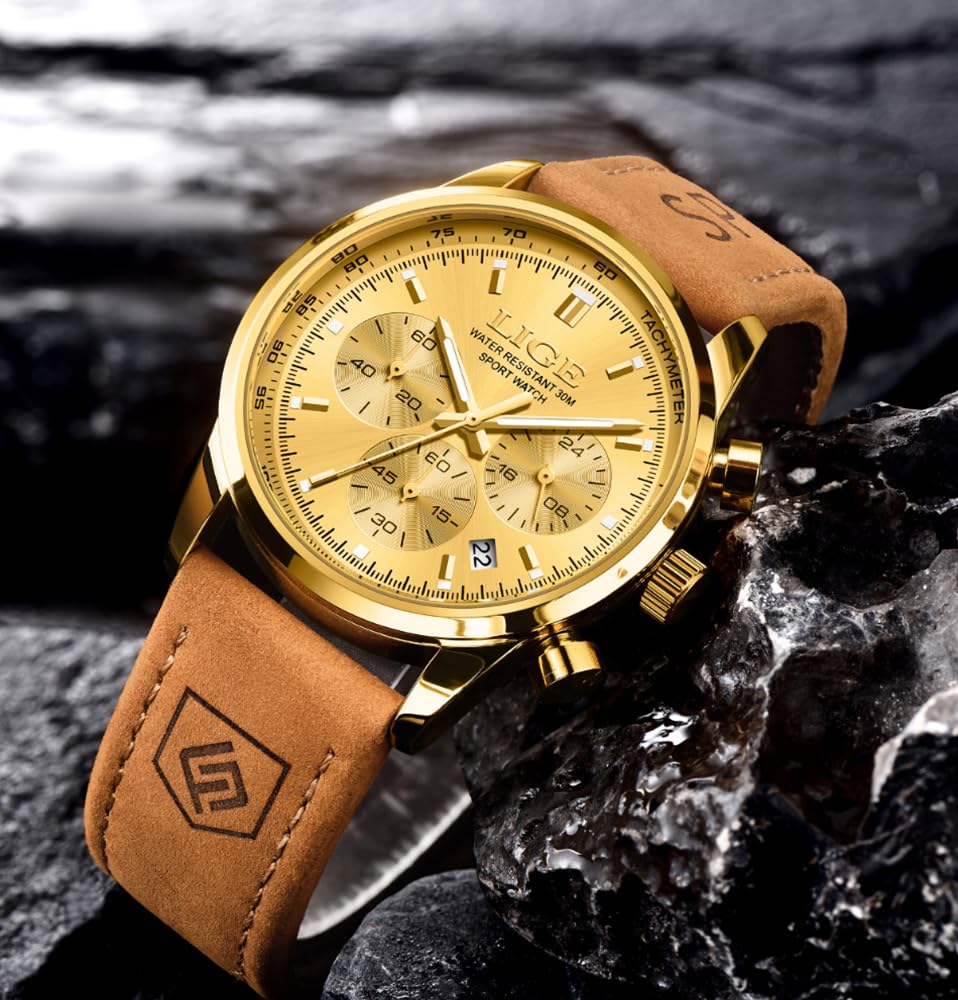 Gold-Tone Quartz Chronograph Watch Brown Leather Strap F5662