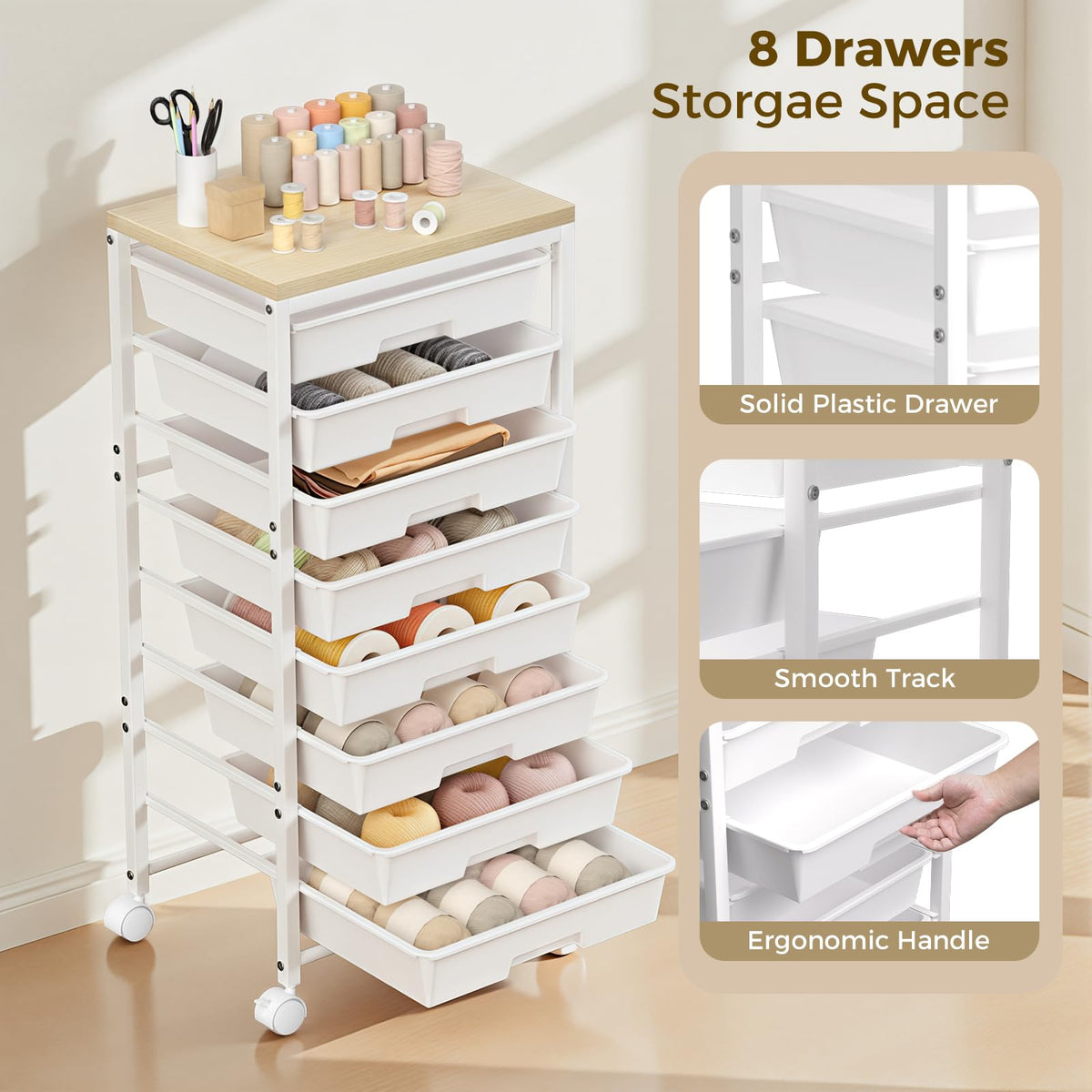 White 8 Drawer Rolling Storage Cart with Wooden Tabletop J977013