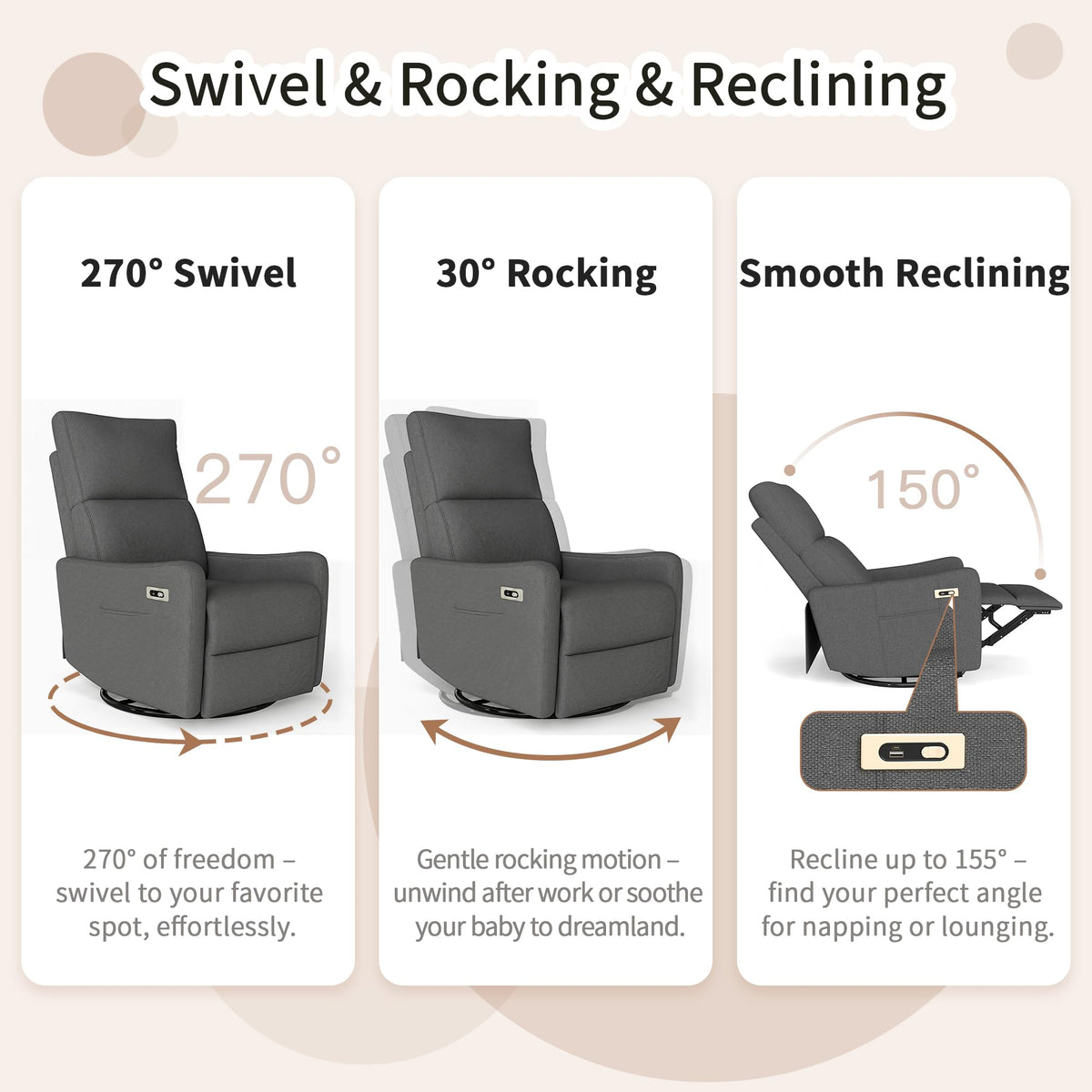 Dark Gray Velvet Swivel Recliner Chair B2769