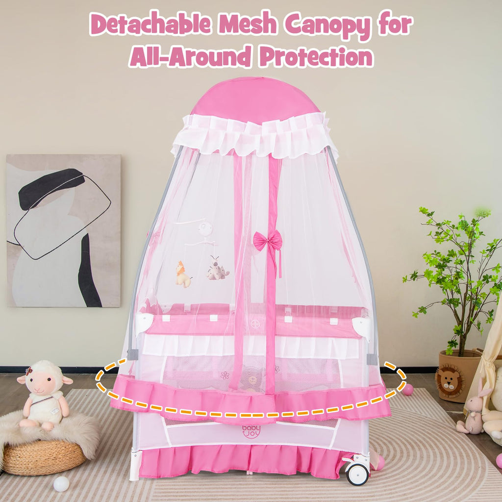 4 in 1 Pack and Play with Canopy, Portable Playard with Bassinet H2114