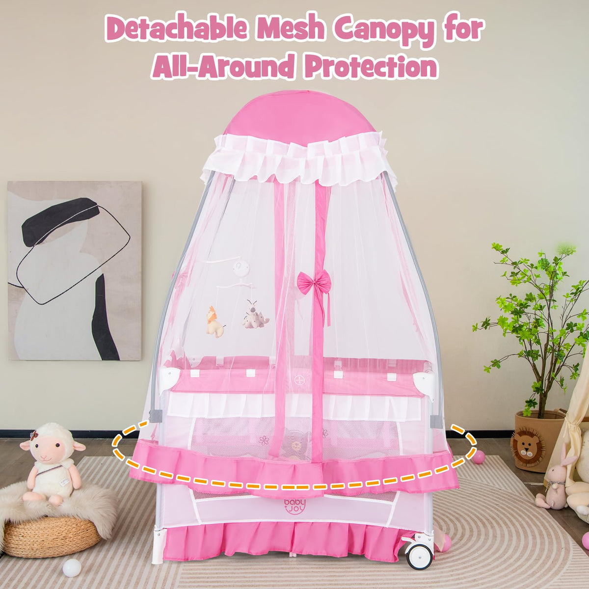 4 in 1 Pack and Play with Canopy, Portable Playard with Bassinet H2114