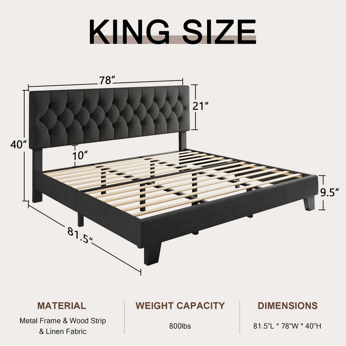 King Size Upholstered Platform Bed with Headboard I772638