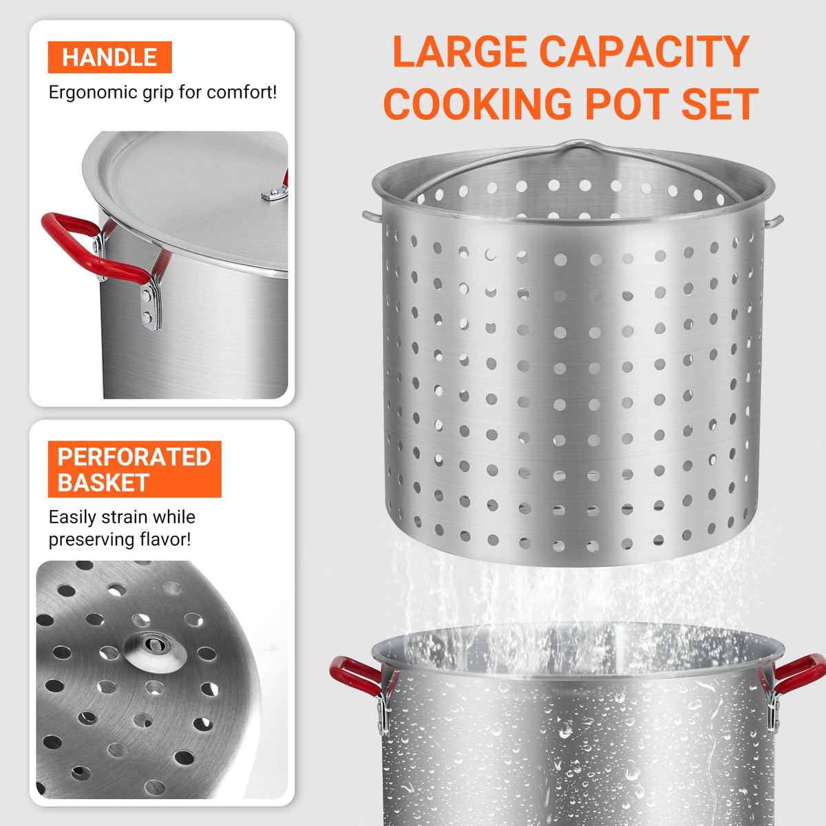 100Qt Aluminum Seafood Boil Pot with Strainer Basket and Propane Stove Burner J8674