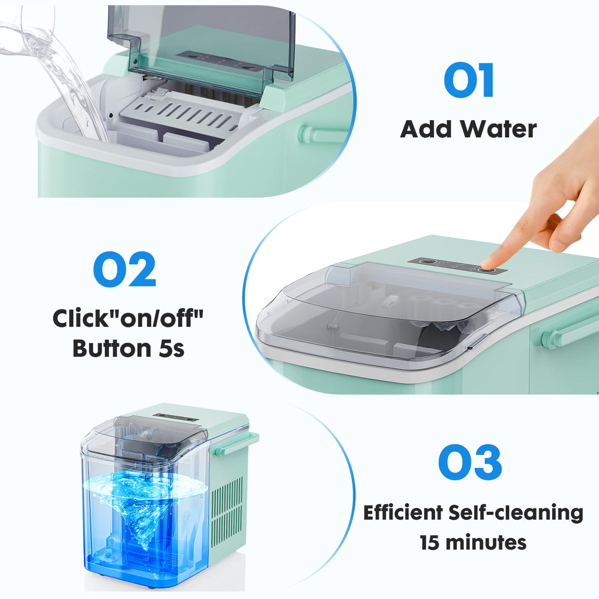 Countertop Ice Maker Machine with Handle, Self-Cleaning, 2 Sizes Bullet Ice, Black D790113
