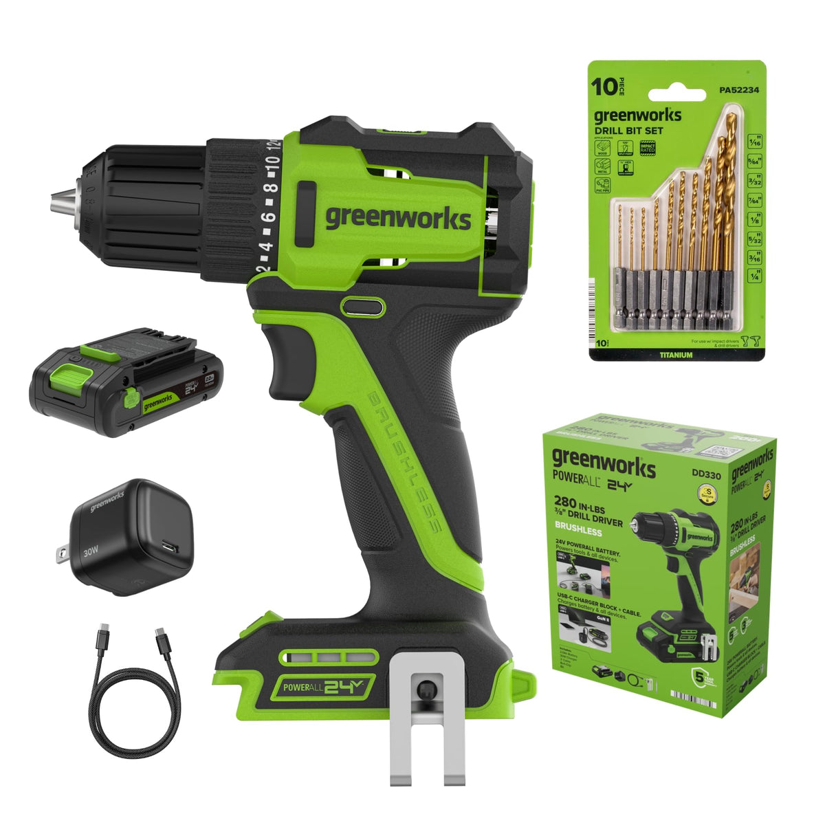 24V Cordless Brushless 3/8" Drill/Driver with 2.0Ah Battery and 10PC Titanium Drill Bit Set S846175