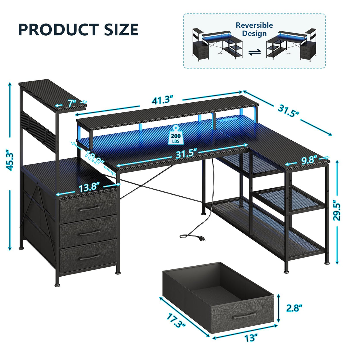 L Shaped Gaming Desk with Drawers P5180