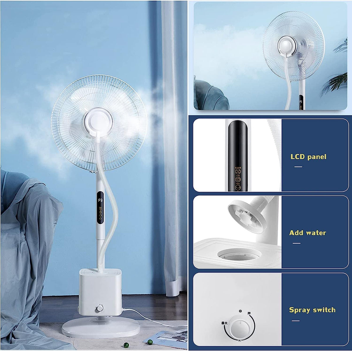 Oscillating Misting Pedestal Fan with Remote Control, 3-Speed, 3 L Water Tank, 16-inch, White I6587