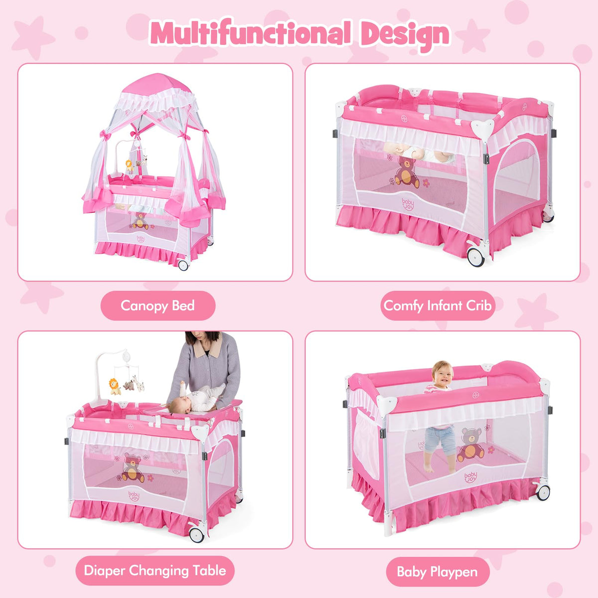 4 in 1 Pack and Play with Canopy, Portable Playard with Bassinet H2114