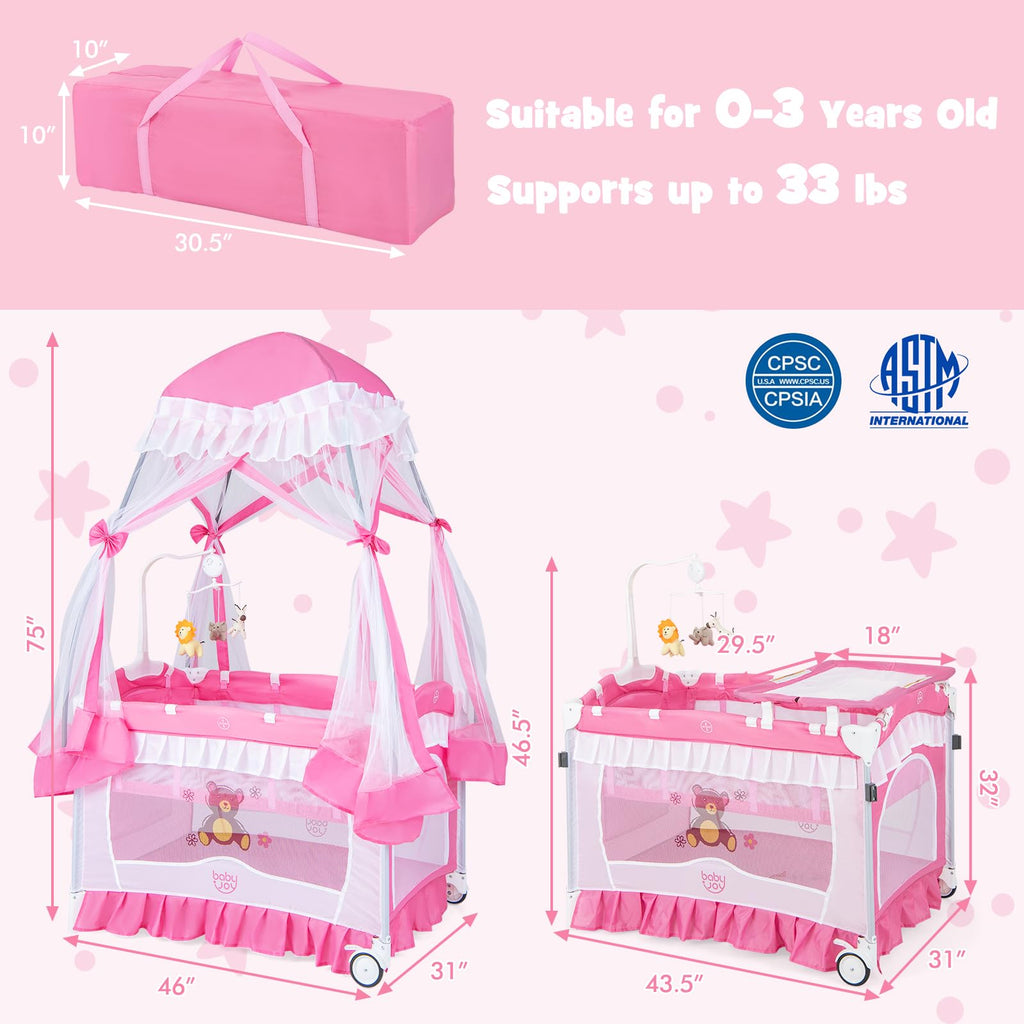 4 in 1 Pack and Play with Canopy, Portable Playard with Bassinet H2114