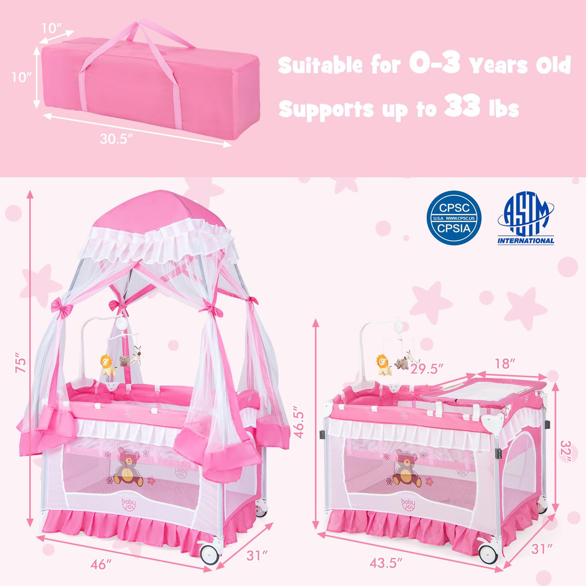 4 in 1 Pack and Play with Canopy, Portable Playard with Bassinet H2114