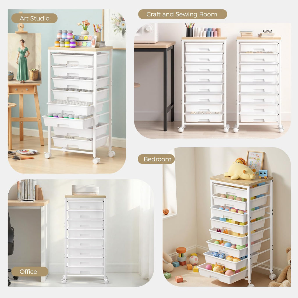 White 8 Drawer Rolling Storage Cart with Wooden Tabletop J977013