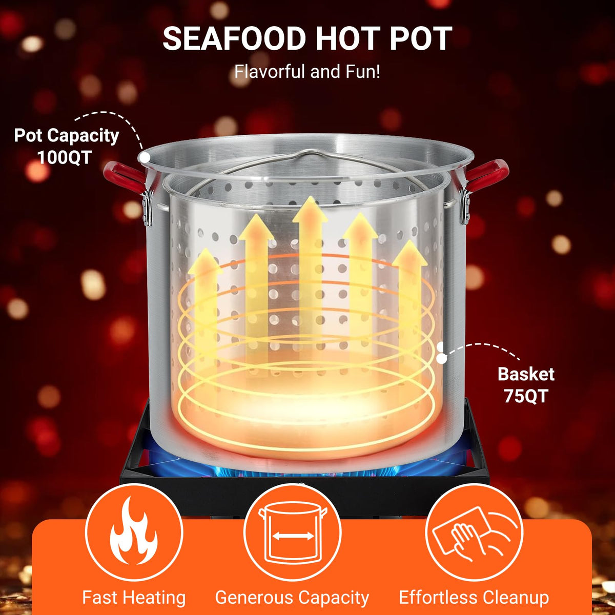 100Qt Aluminum Seafood Boil Pot with Strainer Basket and Propane Stove Burner J8674