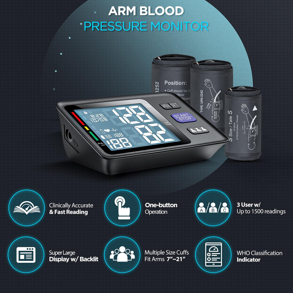 Blood Pressure Machine Upper Arm, 3 Size Cuffs, Automatic Digital BP Monitor, Large Backlit LCD N694