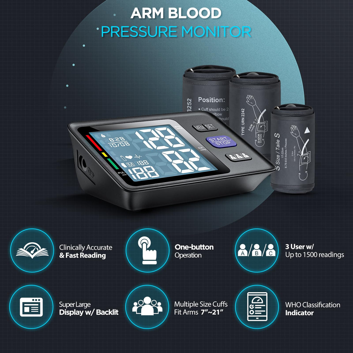 Blood Pressure Machine Upper Arm, 3 Size Cuffs, Automatic Digital BP Monitor, Large Backlit LCD N694