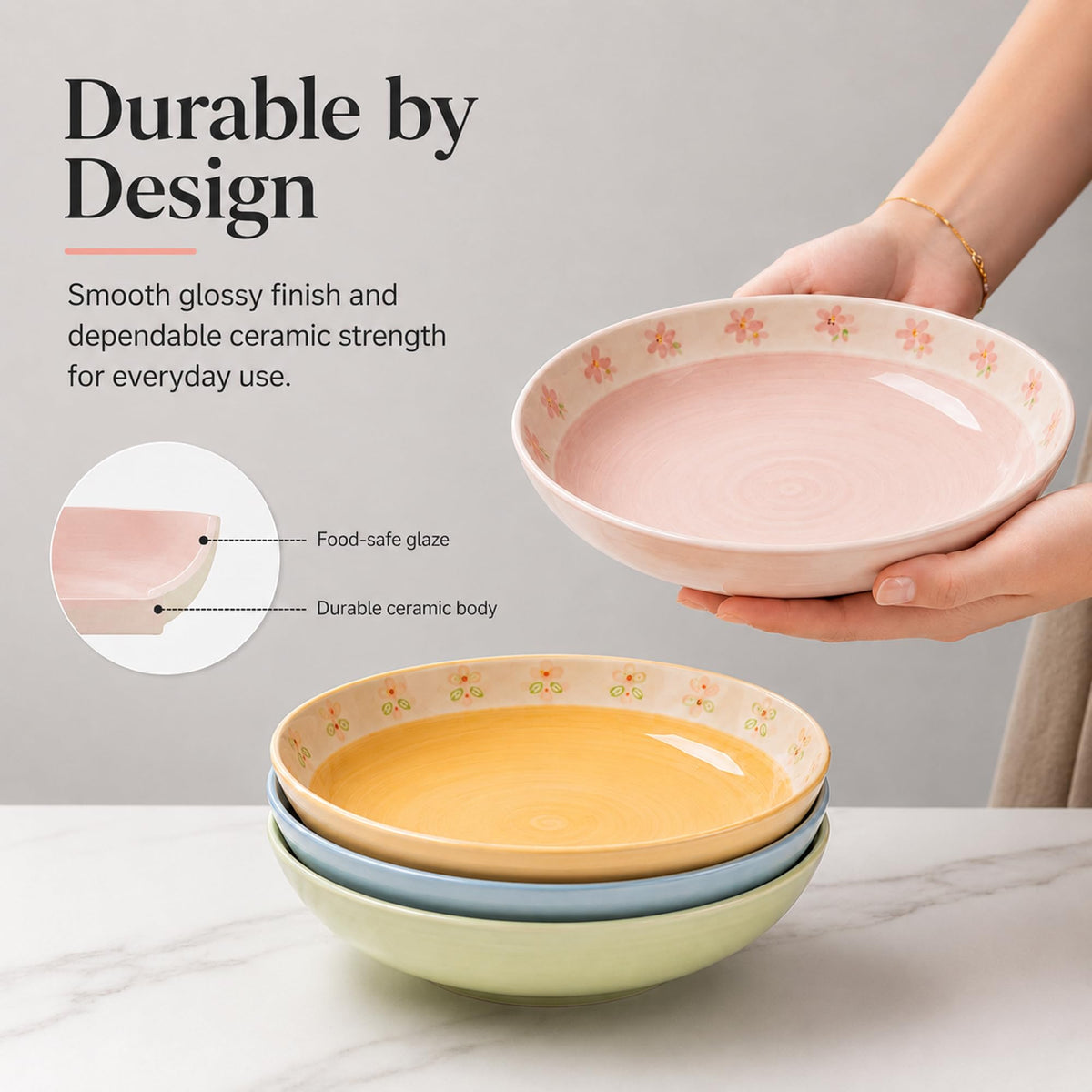 Hand-Painted Floral Ceramic Pasta Bowls Set of 4 M386