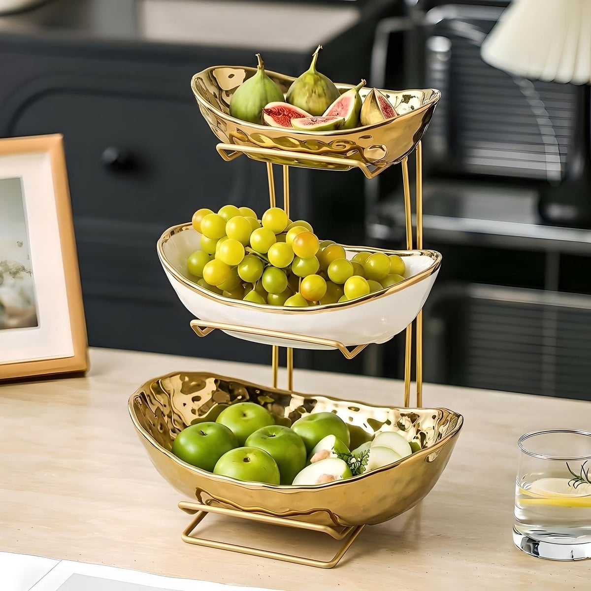 3-Tier Gold Fruit Bowl & Tray with Metal Stand Q8197