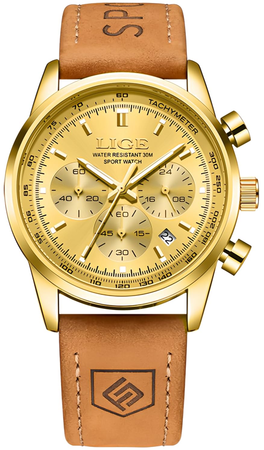 Gold-Tone Quartz Chronograph Watch Brown Leather Strap F5662