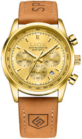 Gold-Tone Quartz Chronograph Watch Brown Leather Strap F5662