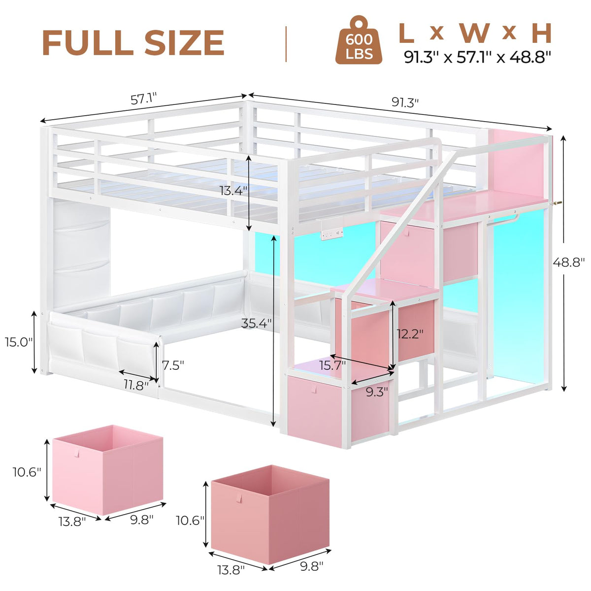 Full Over Full Bunk Bed with Storage Stairs and Drawers, White & Pink R4996