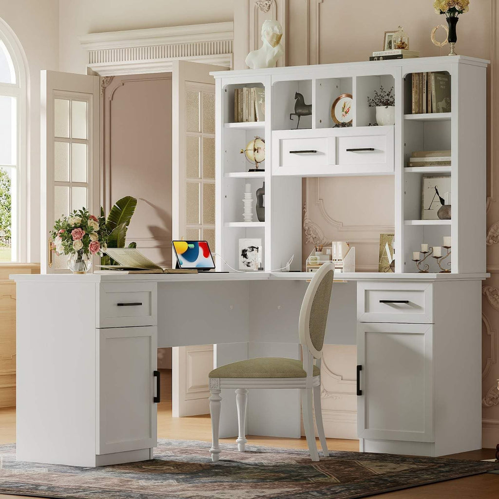 White L-Shaped Computer Desk with Hutch and Storage V562