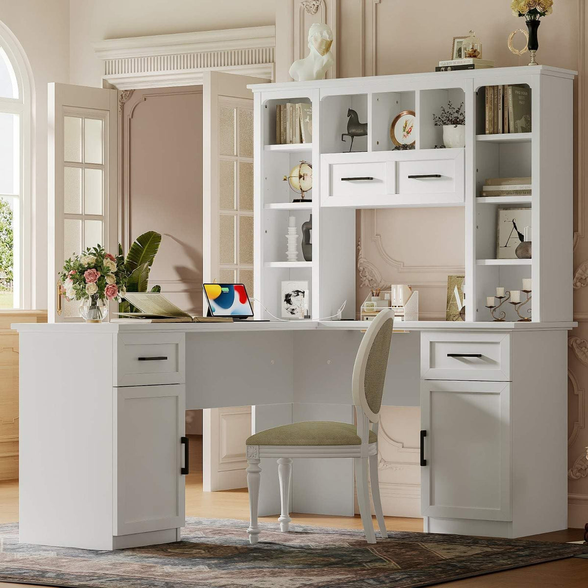White L-Shaped Computer Desk with Hutch and Storage V562
