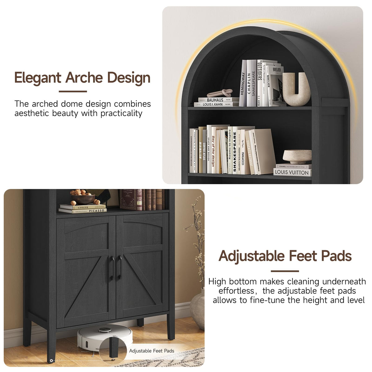 Black 5-Tier Arched Bookshelf with Door P948243