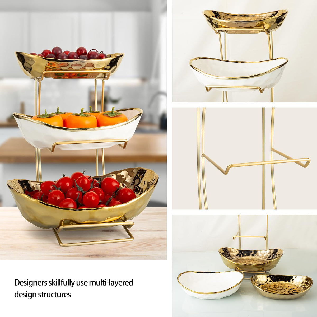 3-Tier Gold Fruit Bowl & Tray with Metal Stand Q8197