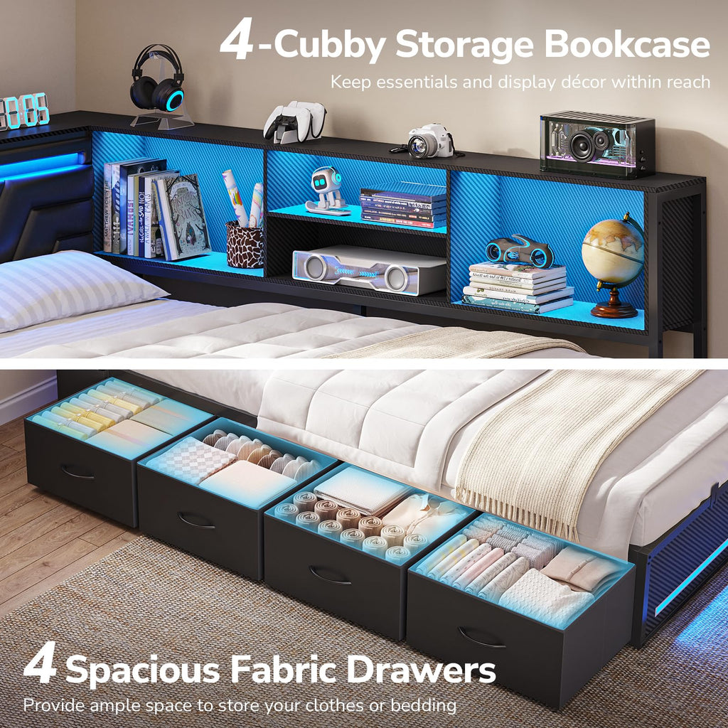 Corner Bed Frame with Storage Bookcase and 4 Drawers W20901
