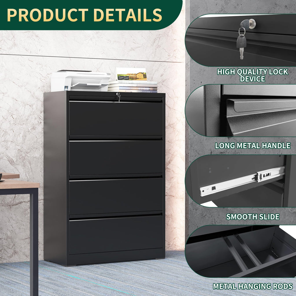 Black 4 Drawer Metal File Cabinet with Lock I559467