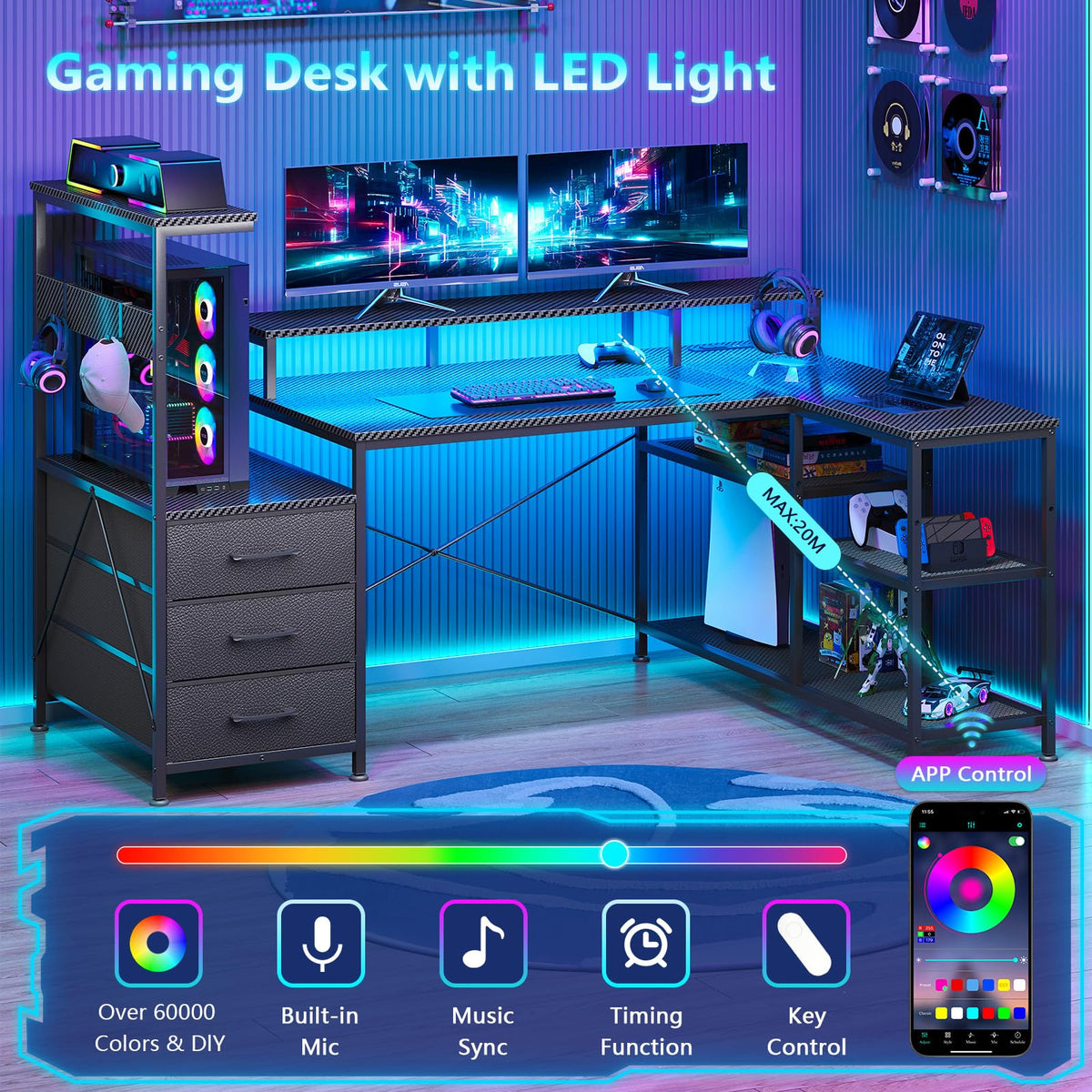 L Shaped Gaming Desk with Drawers P5180