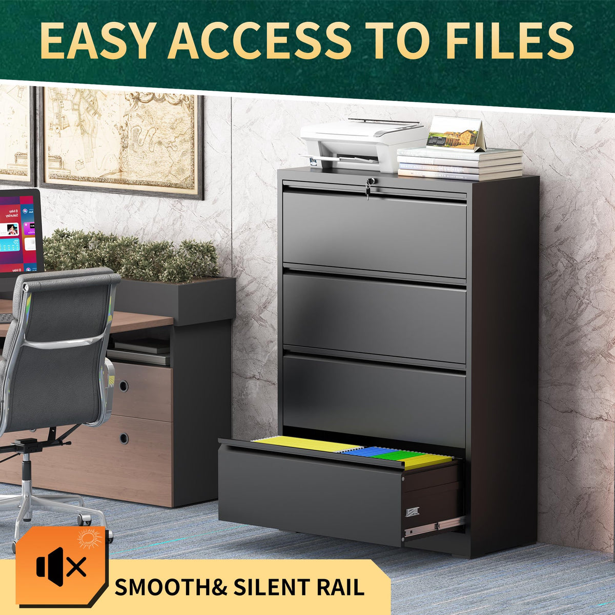 Black 4 Drawer Metal File Cabinet with Lock I559467